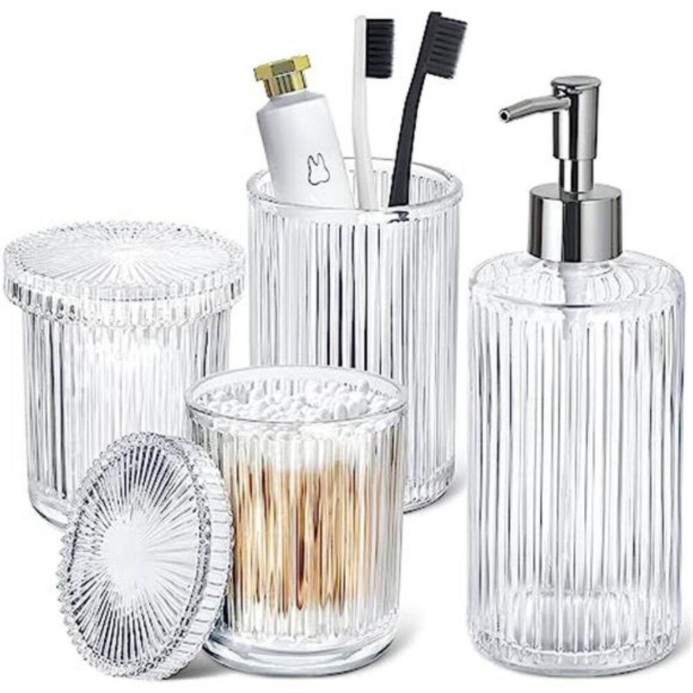 Clear Glass Bathroom Accessories Set Soap Dispenser Toothbrush Holder Qtip